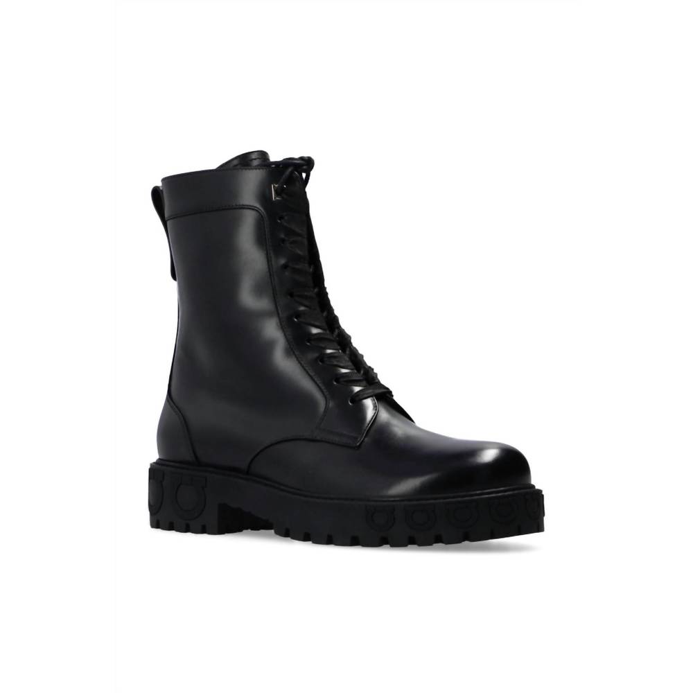 NEW SALVATORE FERRAGAMO women's leather combat boots in black